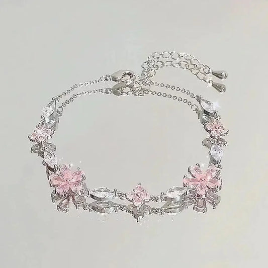 Shiny Pink Crystal Cherry Blossom Bracelet