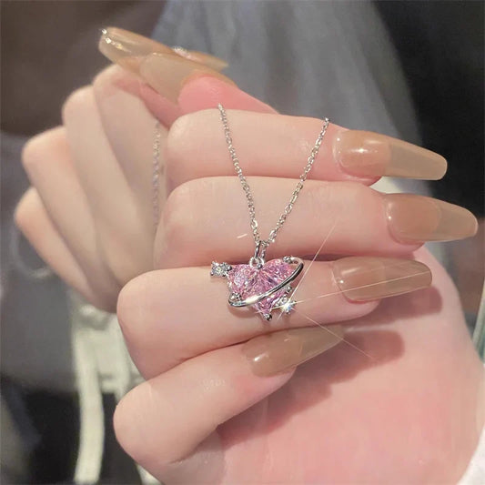 Y2K Pink Planet Heart Zircon Pendant Necklace