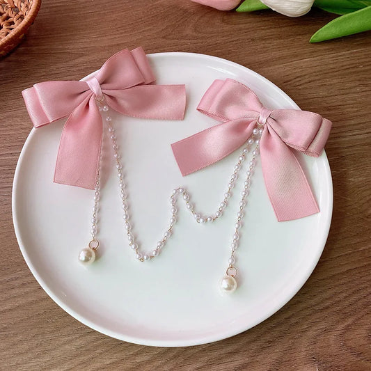 Sweet Princess Style Pink Pearls Chain Bow Hair Clip