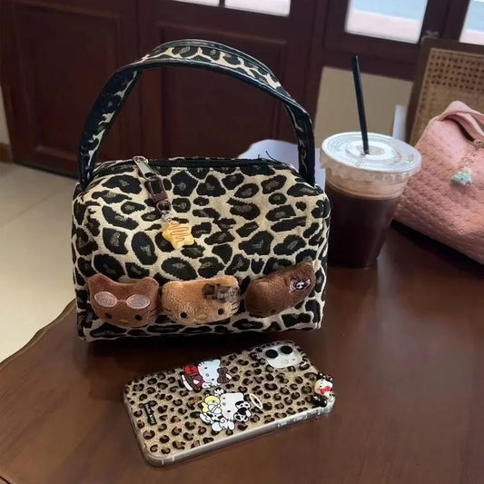 Sanrio Kawaii Hello Kitty Leopard Cosmetic Bag – Fashionable Handbag