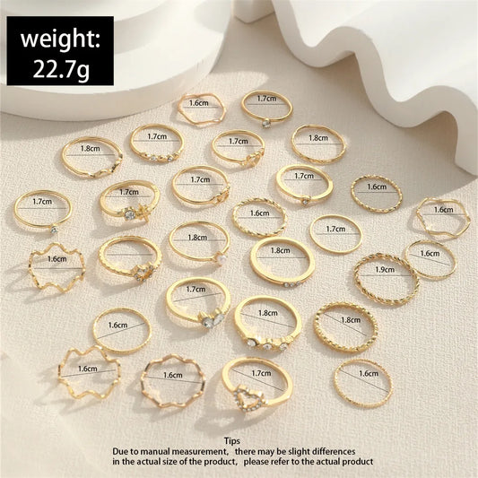 Fashion Simple Wave Joint Rings Set – Crystal Heart Gold &amp; Silver Rings