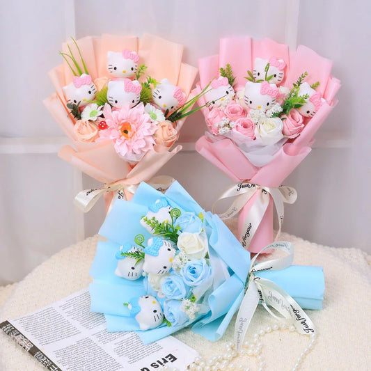 Kawaii Hello Kitty Cat Dolls with Artificial Flowers – Perfect Gift Bouquets