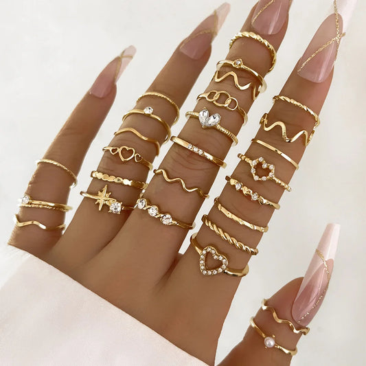 Fashion Simple Wave Joint Rings Set – Crystal Heart Gold &amp; Silver Rings