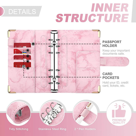 A6 Money Saving Organizer: PU Leather Budget Binder &amp; Marble Notebook