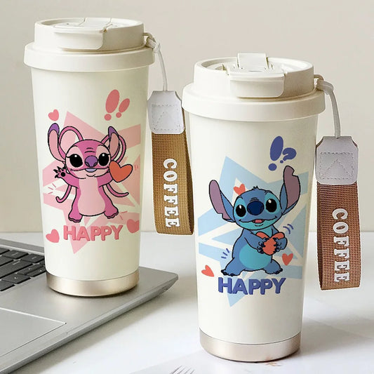 Kawaii Stitch Anime Straw Cup – 600ML Stainless Cartoon Thermos