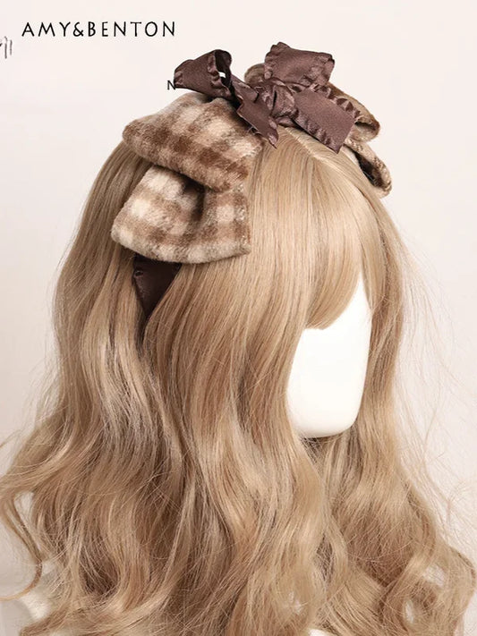 Retro Sweet Plaid Hair Band – Kawaii Lolita Woolen Bow Hair Accessories