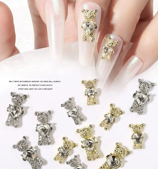 10Pcs Kawaii Cartoon Bear Rhinestone Nail Charms