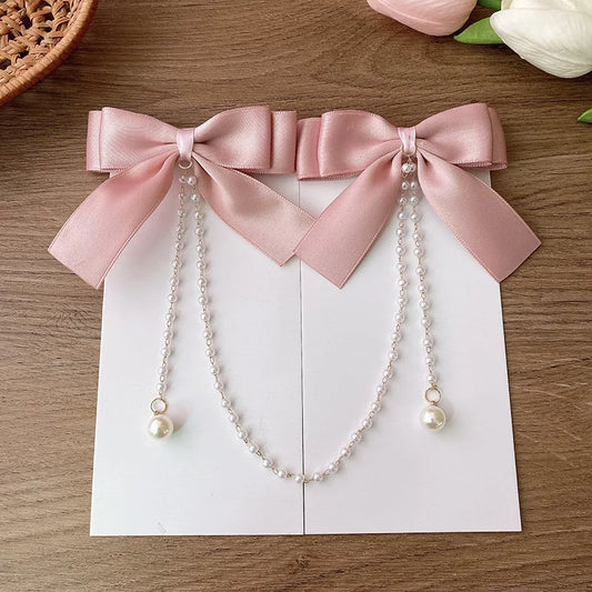 Sweet Princess Style Pink Pearls Chain Bow Hair Clip