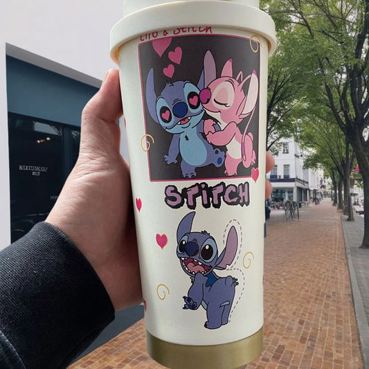 Kawaii Stitch Anime Straw Cup – 600ML Stainless Cartoon Thermos
