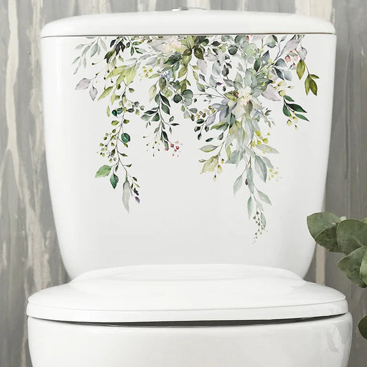 Transform Your Bathroom with Green Plant Leaves Toilet Stickers