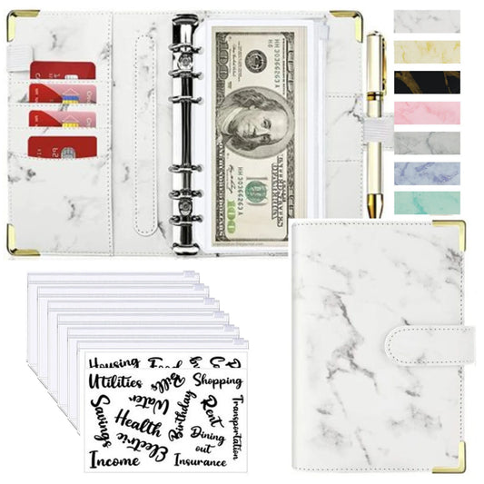 A6 Money Saving Organizer: PU Leather Budget Binder &amp; Marble Notebook