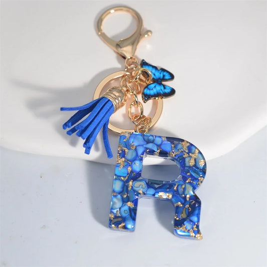 Blue Glazed A-Z Initial Keychain with Butterfly Tassel Pendant – Fashion Gift