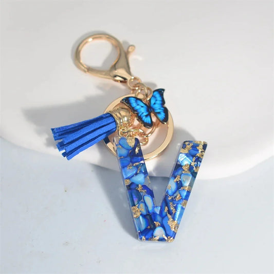 Blue Glazed A-Z Initial Keychain with Butterfly Tassel Pendant – Fashion Gift